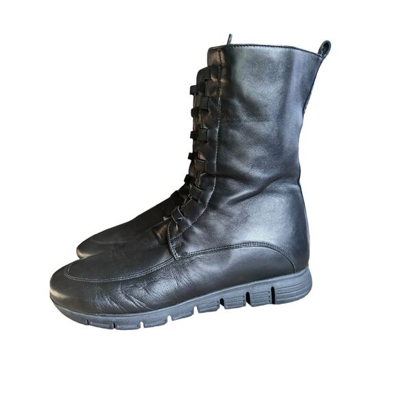 Amalfi by Rangoni Shoes - Leather Lace Up Zip Up Ankle Boots Black Comfort Lug Sole Moto Minimalist